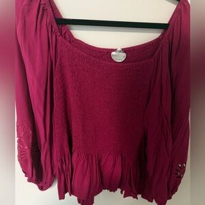 Fuchsia Babydoll Top with Floral Cutouts on Sleeves